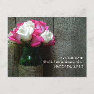 Mason Jar Of Roses & Barnwood Save The Date Announcement Postcard