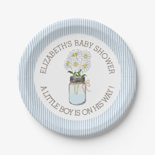 Mason Jar on Blue Stripes Baby Shower Paper Plates