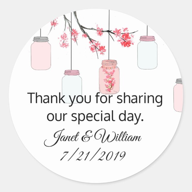 Mason Jar on Flowering Tree Wedding Favor Sticker (Front)