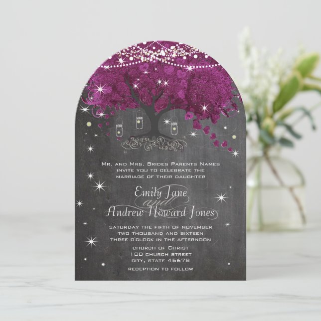 Mason Jar Orchid Chalkboard Heart Leaf Tree Invitation (Standing Front)