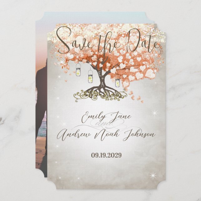 Mason Jar Peachy Heart Leaf Tree Save the Date (Front/Back)