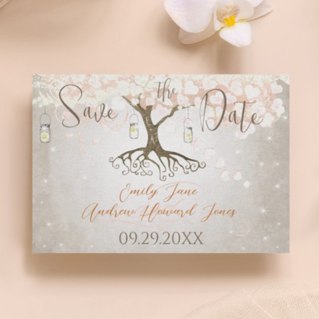 Mason Jar Peachy Pink Heart Leaf Tree  Save The Date (Creator Uploaded)