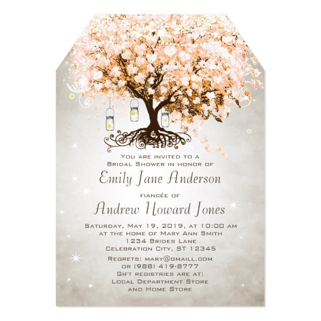 Mason Jar Peachy Pink Heart Leaf Tree Wedding Invitation