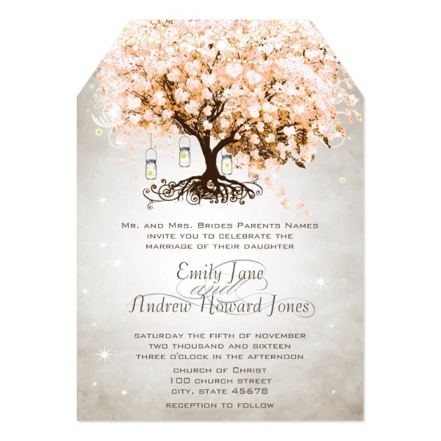 Mason Jar Peachy Pink Heart Leaf Tree Wedding Invitation