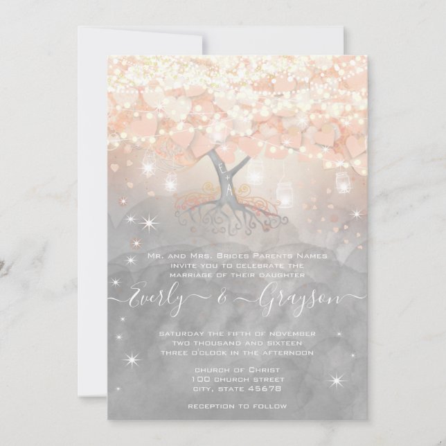 Mason Jar Peachy Pink Heart Leaf Tree  Wedding  In Invitation (Front)