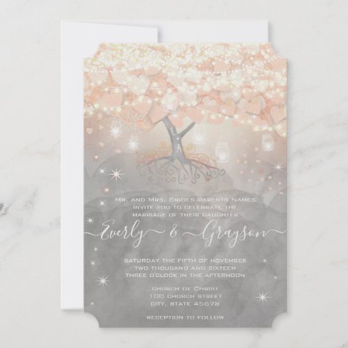 Mason Jar Peachy Pink Heart Leaf Tree  Wedding  In Invitation