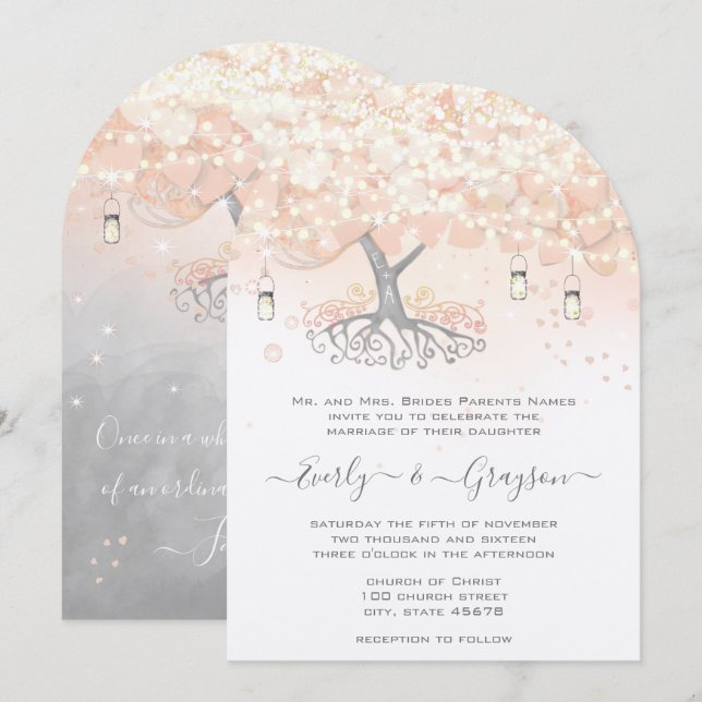 Mason Jar Peachy Pink Heart Leaf Tree  Wedding Invitation (Front/Back)