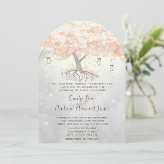 Mason Jar Peachy Pink Heart Leaf Tree Wedding Invitation