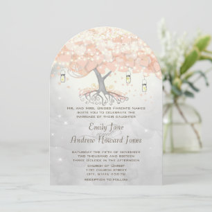 Mason Jar Peachy Pink Heart Leaf Tree Wedding Invitation