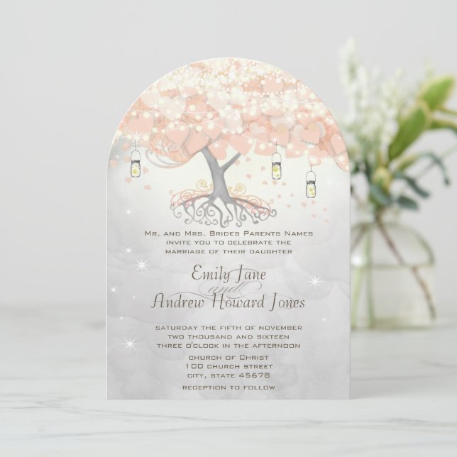 Mason Jar Peachy Pink Heart Leaf Tree Wedding  Invitation (Standing Front)