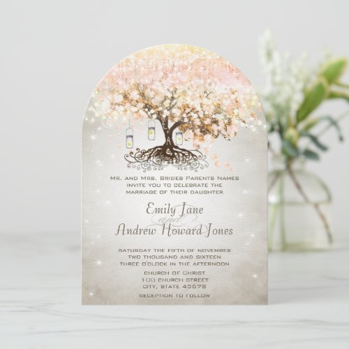 Mason Jar Peachy Pink Heart Leaf Tree Wedding Personalized Invites