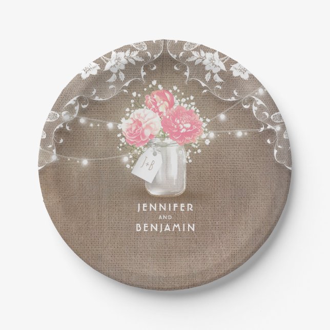 Mason Jar Peonies Lace and Burlap Wedding Paper Plates (Front)