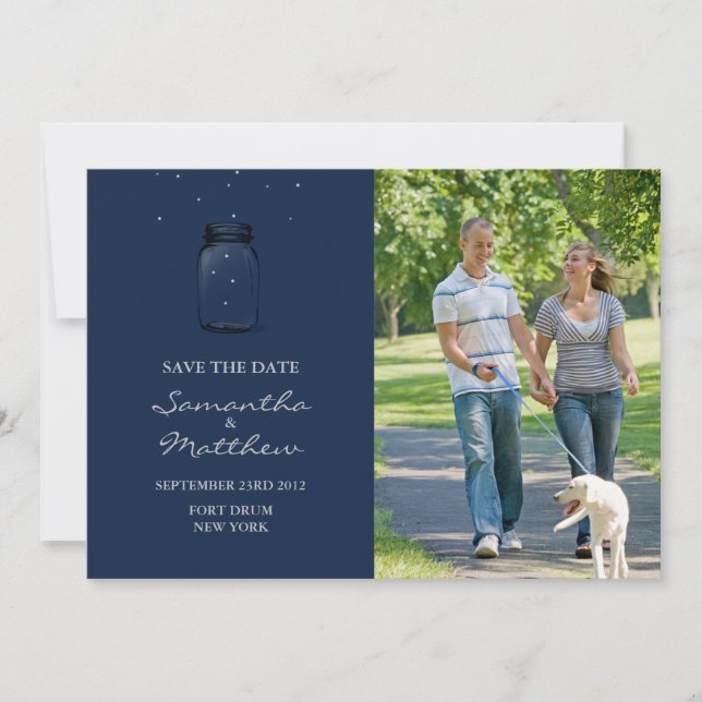 Mason Jar Photo Save the Date Card - Dark Blue (Front)