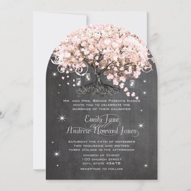Mason Jar Pink Chalkboard Heart Leaf Tree Invitation (Front)