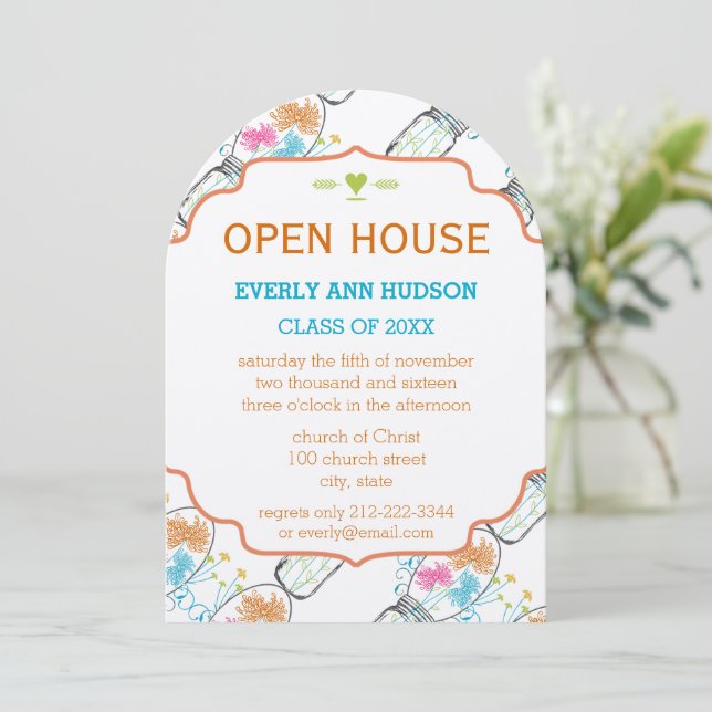 Mason Jar Pink Coral Turquoise Floral Graduation Invitation (Standing Front)