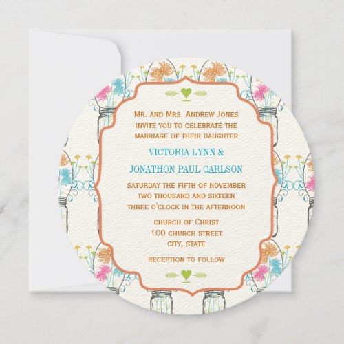 Mason Jar Pink Coral Turquoise Floral Wedding Invitation
