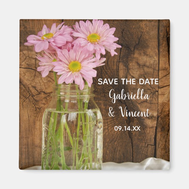 Mason Jar Pink Daisies Barn Wedding Save the Date Magnet (Front)