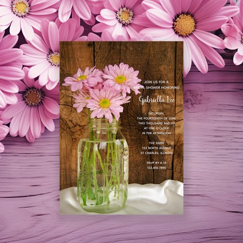 Mason Jar Pink Daisies Country Barn Bridal Shower Invitation