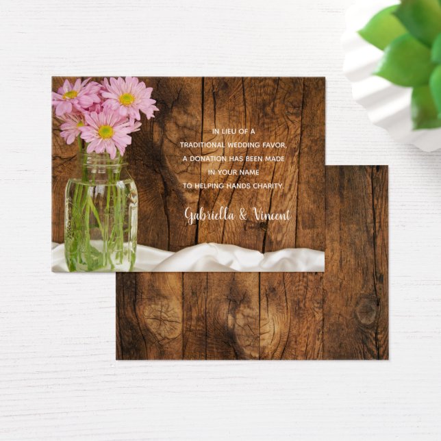 Mason Jar Pink Daisies Wedding Charity Favor Card (Desk)