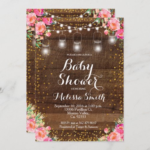 Mason Jar Pink Floral Baby Shower Invite card