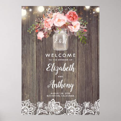 Mason Jar Pink Floral Wedding Welcome Sign