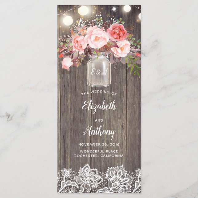 Mason Jar Pink Flowers Rustic Wedding Programs (Front)