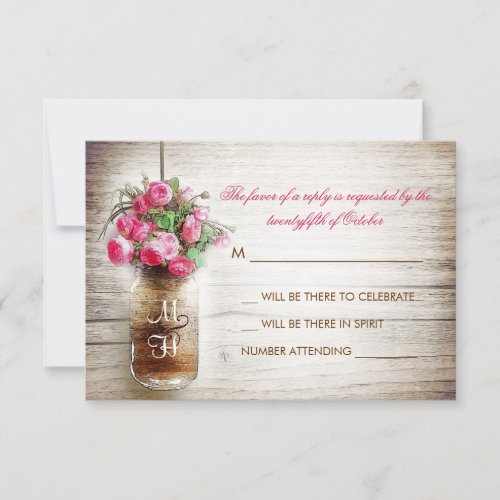 Mason jar &amp; pink flowers wedding RSVP card