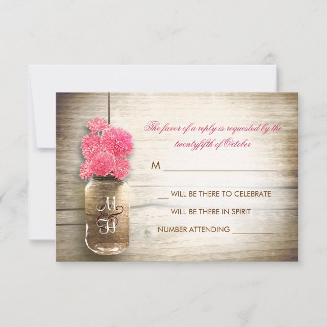 Mason jar & pink flowers wedding RSVP card (Front)