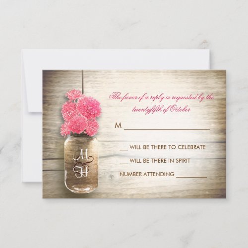 Mason jar &amp; pink flowers wedding RSVP card