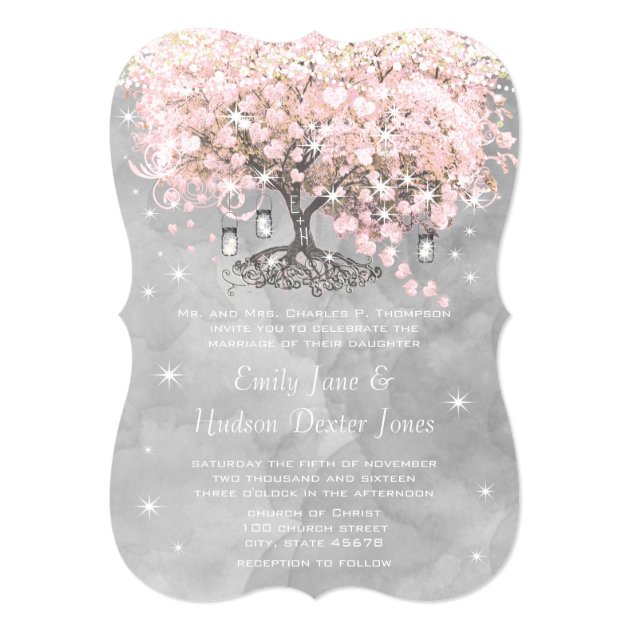 Mason Jar Pink Heart Leaf Tree On Gray Watercolor Invitation