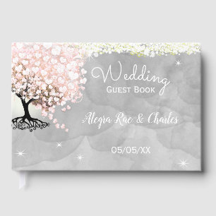 Mason Jar Pink Heart Leaf Tree on Gray Watercolor Guest Book