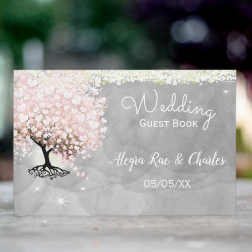 Mason Jar Pink Heart Leaf Tree on Gray Watercolor Guest Book