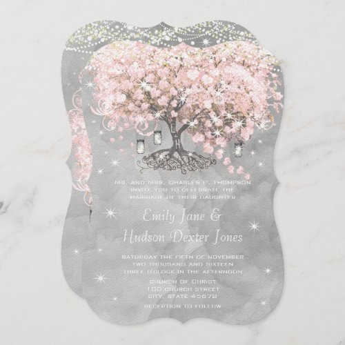 Mason Jar Pink Heart Leaf Tree on Gray Watercolor Invitation