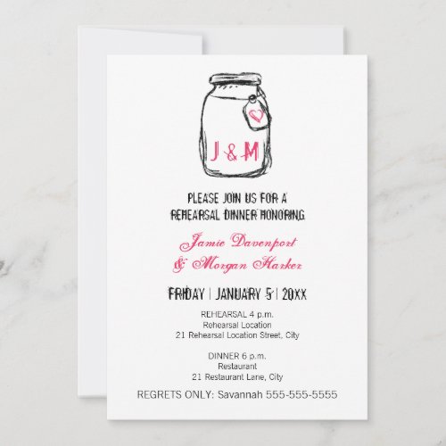 Mason Jar &amp; Pink Heart Rehearsal Dinner Invite