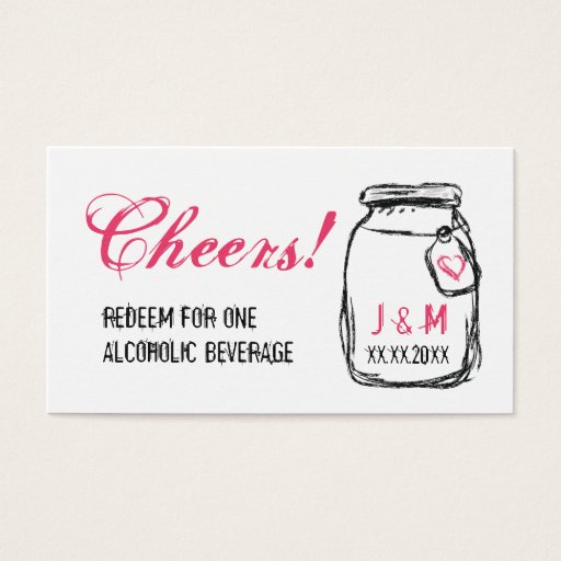 Customizable Mason Jar &amp; Pink Heart Wedding Drink Ticket Business Cards