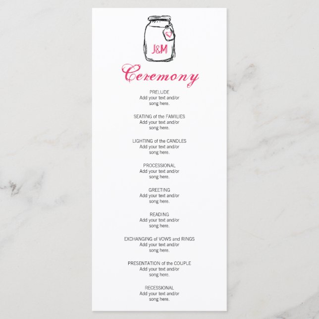 Mason Jar & Pink Heart Wedding Program (Front)