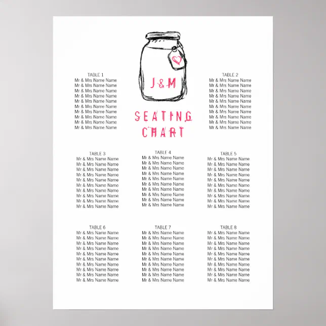 Mason Jar &amp; Pink Heart Wedding Seating Chart | Zazzle