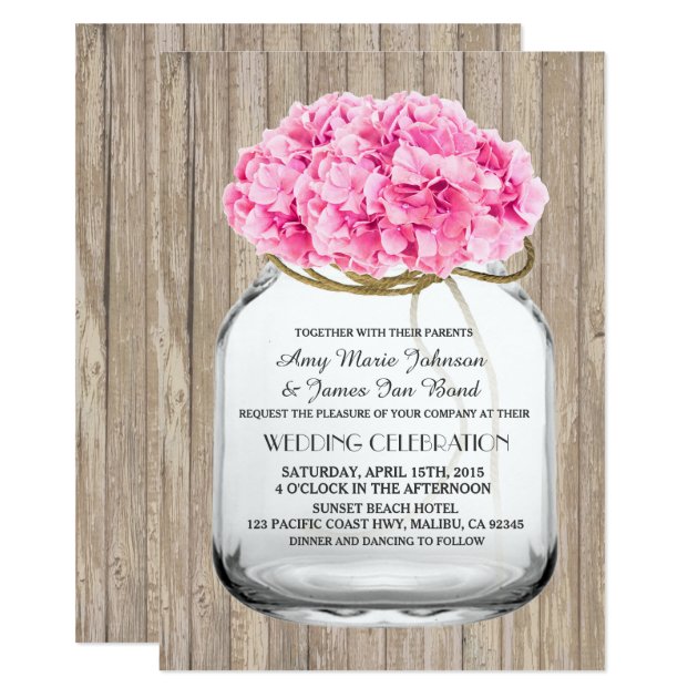 Mason Jar Pink Hydrangea Wedding Invites Hyd1