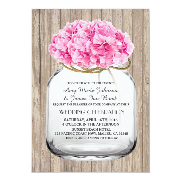 Mason Jar Pink Hydrangea Wedding Invites Hyd1