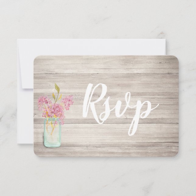 Mason Jar Pink Lilac Rustic Wood Rsvp Card (Front)