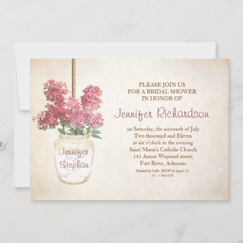 mason jar &amp; pink lilacs bridal shower invitation