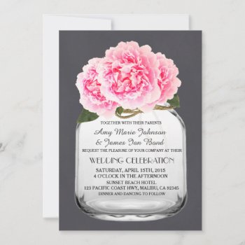 Mason Jar Pink Peony Wedding Invitations Peony4 by FancyMeWedding at Zazzle