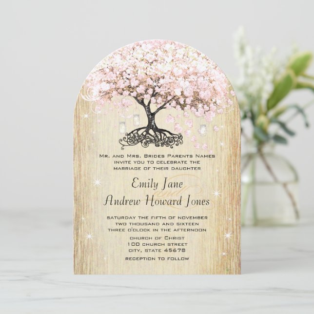 Mason Jar Pink Rose Gold Heart Leaf Tree Invitation (Standing Front)