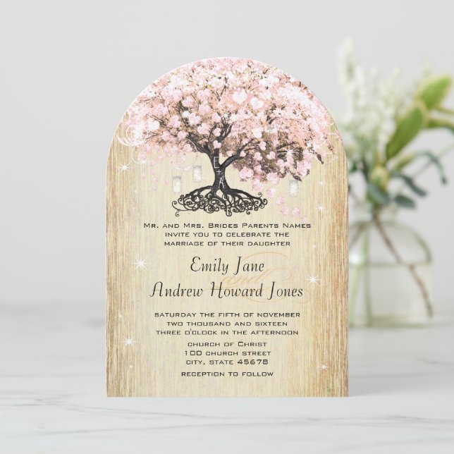 Mason Jar Pink Rose Gold Heart Leaf Tree Invitation (Standing Front)