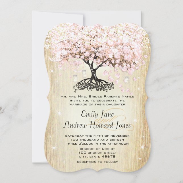Mason Jar Pink Rose Gold Heart Leaf Tree Invitation (Front)
