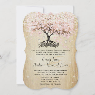 Mason Jar Pink Rose Gold Heart Leaf Tree Invitation