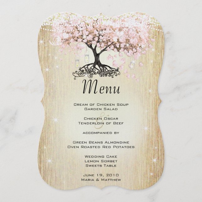 Mason Jar Pink Rose Gold Heart Leaf Tree Menu (Front)