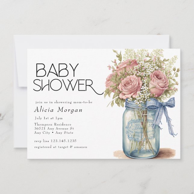 Mason Jar | Pink Roses Baby Shower Invitation (Front)