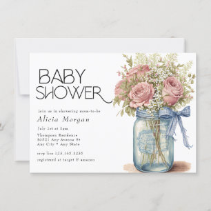 Mason Jar Pink Roses Baby Shower Invitation