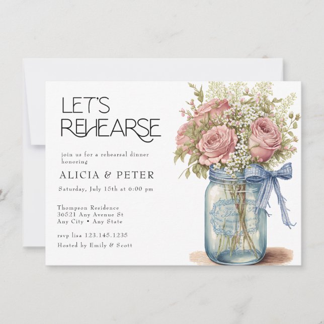 Mason Jar | Pink Roses Rehearsal Dinner Invitation (Front)